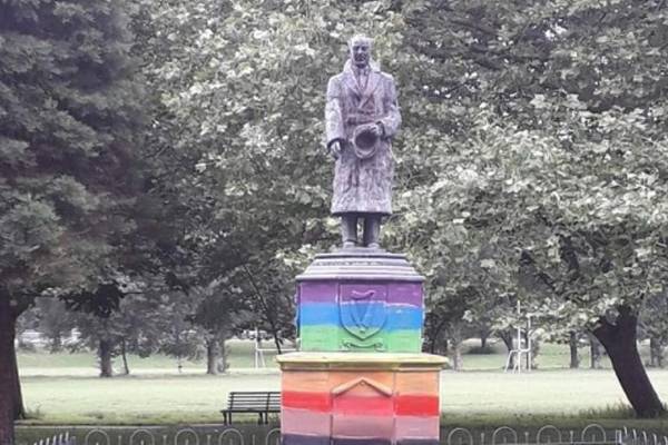 Base of Seán Russell statue painted in rainbow colours
