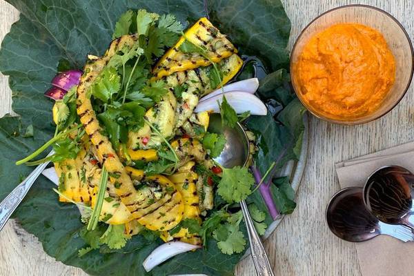 Romesco with grilled summer squash