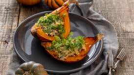 Roasted pumpkin stuffed with orzo and blue cheese