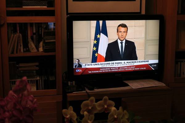 Emmanuel Macron  mocks Trump slogan on live TV
