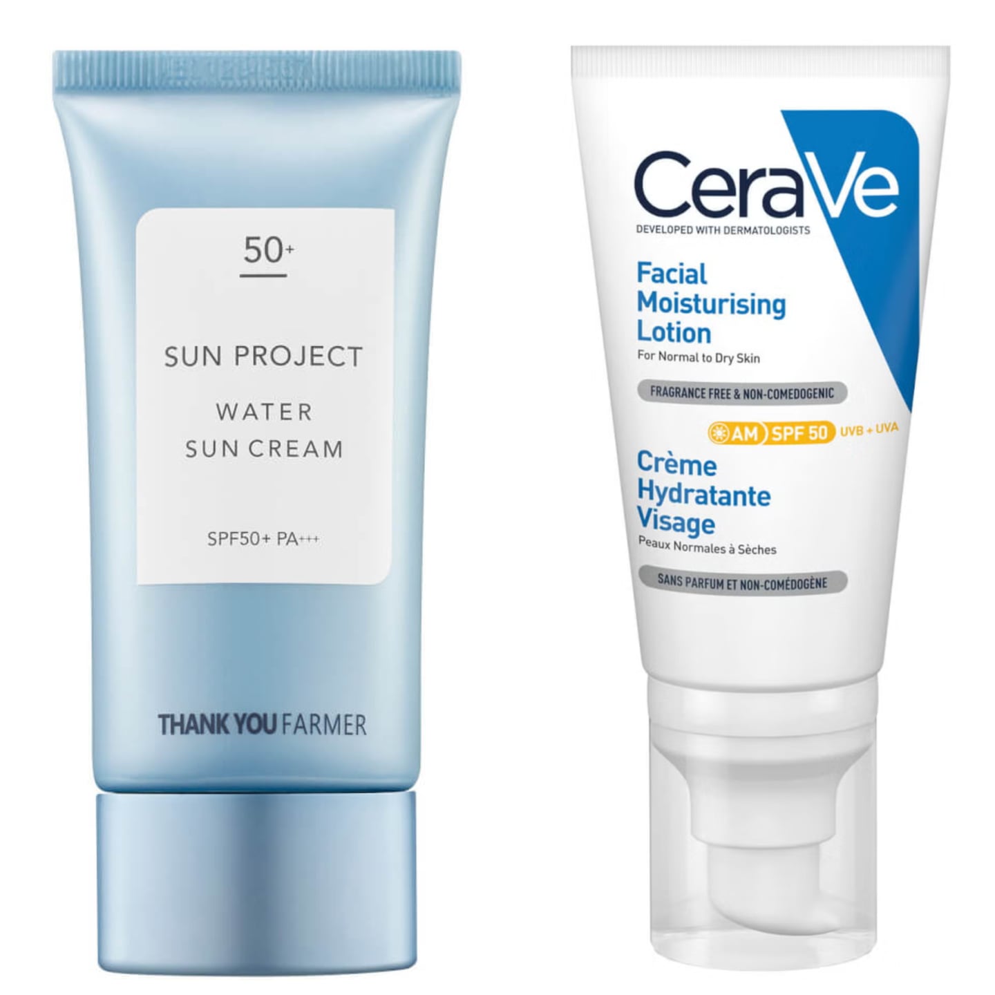 Thank You Farmer Sun Project Water Sun Cream SPF50 (€22.60 from cultbeauty.com) and CeraVe AM Facial Moisturising Lotion SPF50 (€18 from Boots)