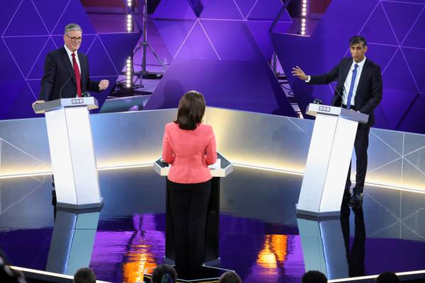 Rishi Sunak v Kier Starmer UK election debate review:  banal face-off falls between American glamour and Irish waffle