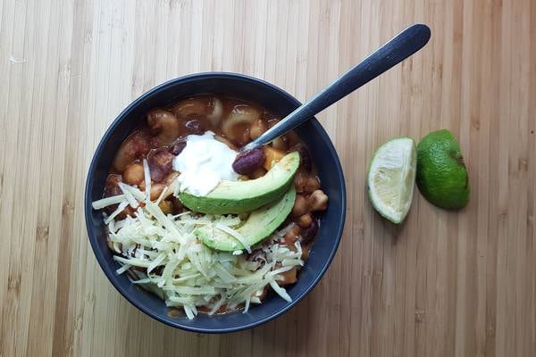 This one-pot bean chilli with macaroni will warm you from head to toe