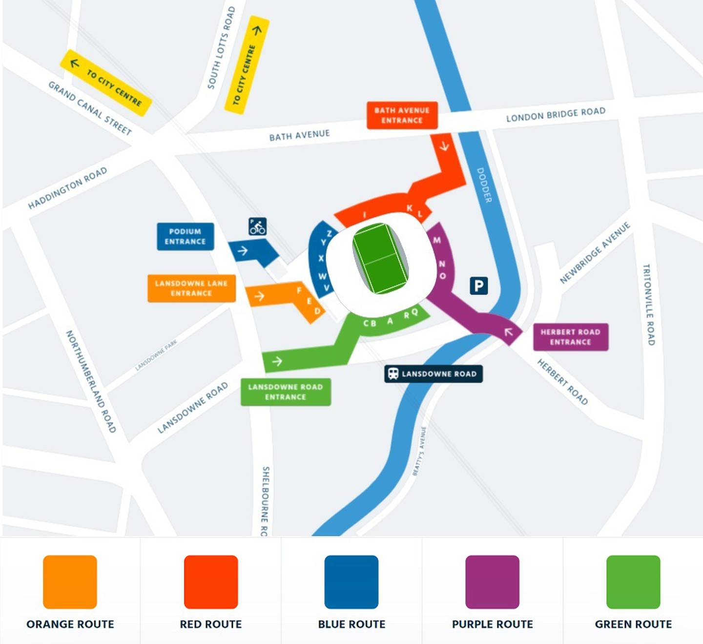 Map showing Taylor Swift at Aviva Stadium access routes