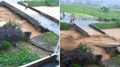 CCTV captures person narrowly escaping collapsing bridge in China
