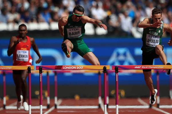 Thomas Barr over the hurdles into semi-finals in London