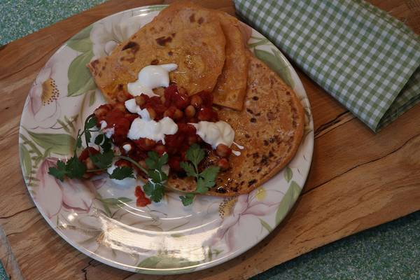 Sweet potato roti, chickpeas, tomato and cumin