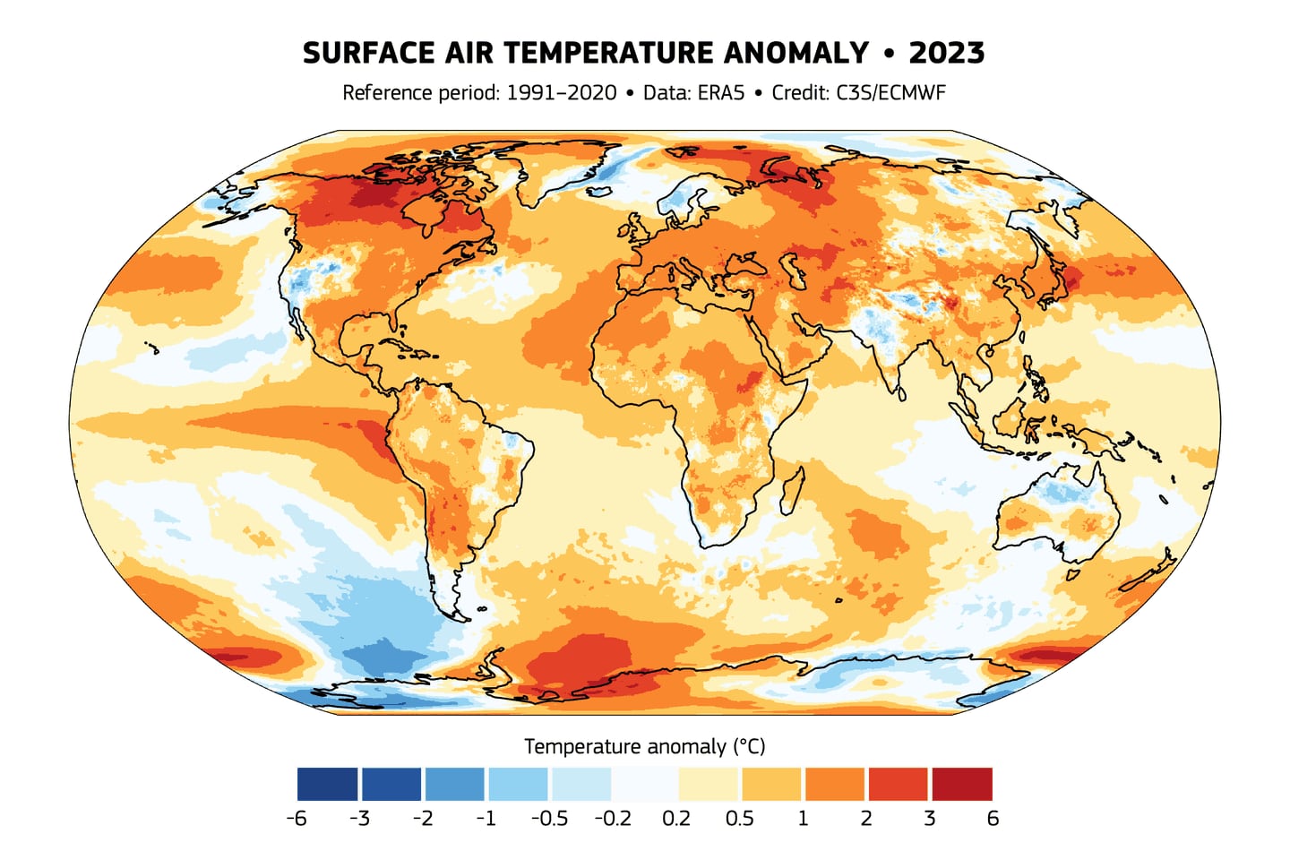 Surface air temperature anomaly for 2023 relative to the average for the 1991-2020 reference period. Data source: ERA5.