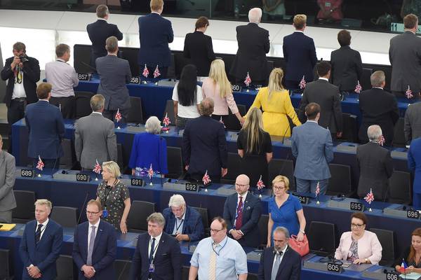 Brexit Party MEPs turn backs on EU anthem on parliament’s first day