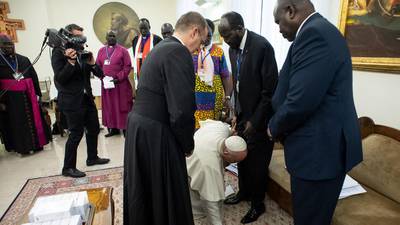 South Sudan’s leaders taken aback as Pope Francis kneels to kiss their feet
