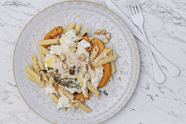 Roasted butternut squash, penne, goat’s cheese and hazelnuts