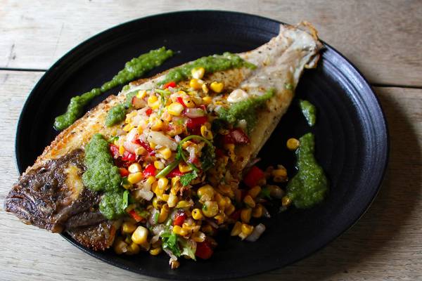 Pan roasted plaice with grilled corn and nectarine salsa