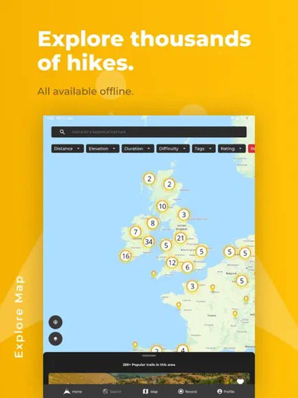 Screenshot of Hiiker app showing hiking routes in Ireland and the UK