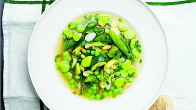 Nigel Slater’s broad beans, flageolets, courgettes
