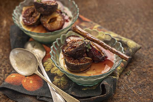 Orange panna cotta, roasted figs, plums and thyme
