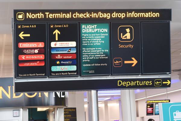 Hundreds of Irish among 100,000 affected by Gatwick closure over drone