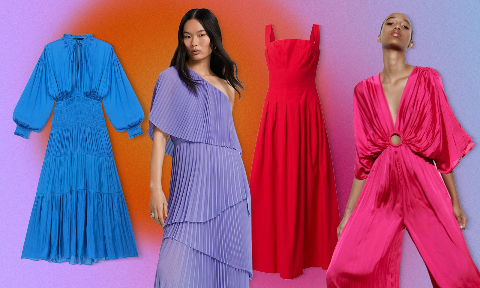 'Let the shape of the dress do the talking rather than the print.' Pictured: Smocked midi dress, €295,Maje Rovel; layered plisse dress, €179, & Other Stories; poplin dress, €310, Reformation at Brown Thomas; and satin jumpsuit, €49.95, Zara.