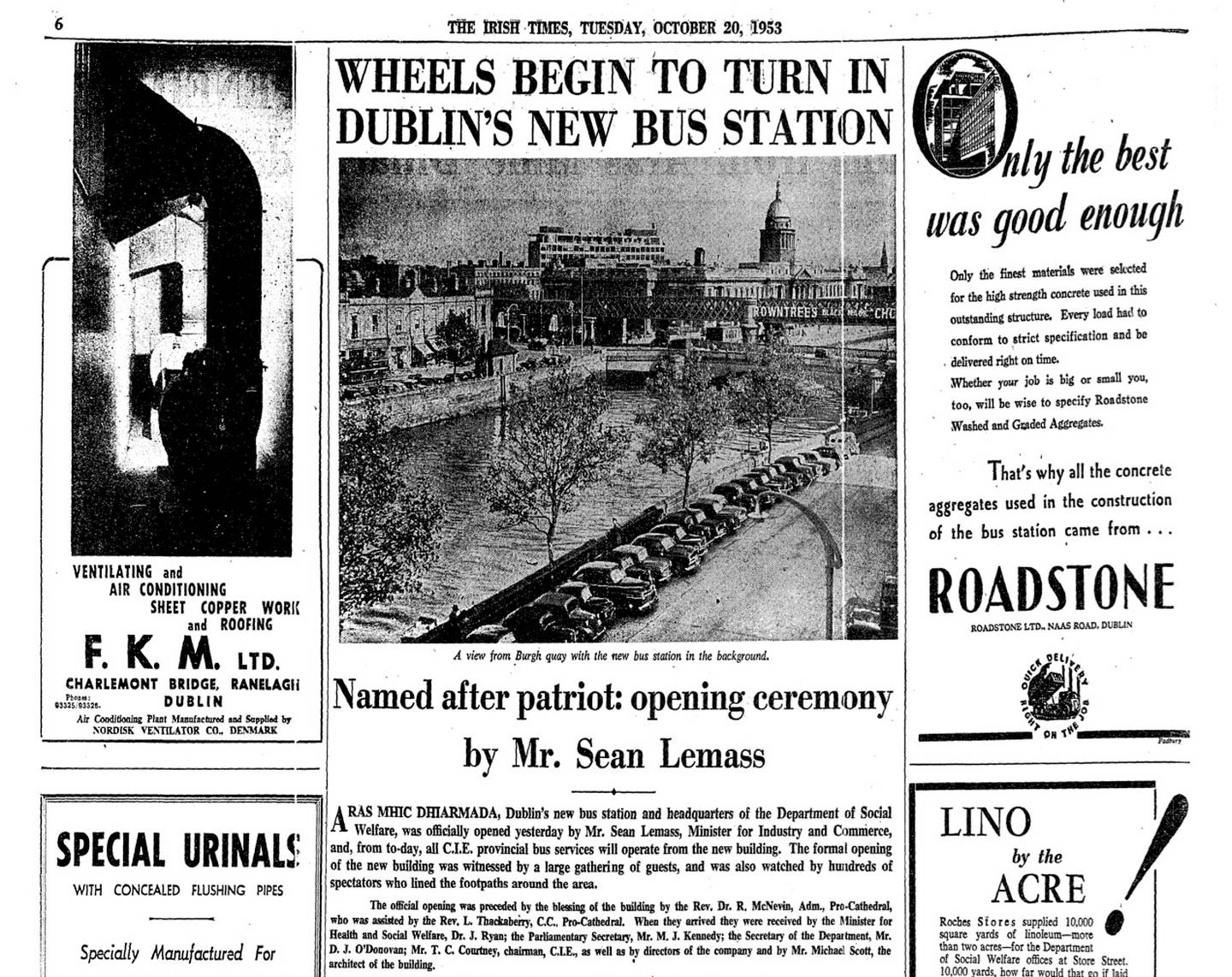 Pages from The Irish Times edition of October 20th, 1953 covering the opening of Busáras