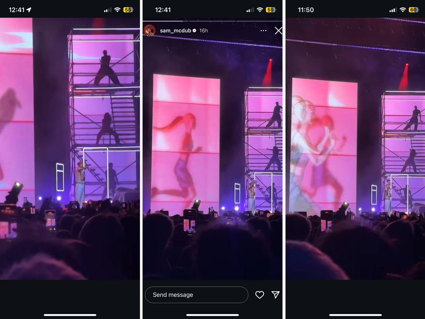 Screenshots from an Instagram story posted by Taylor Swift Eras tour dancer  Sam McWilliams. Photograph: Instagram/@sam_mcdub