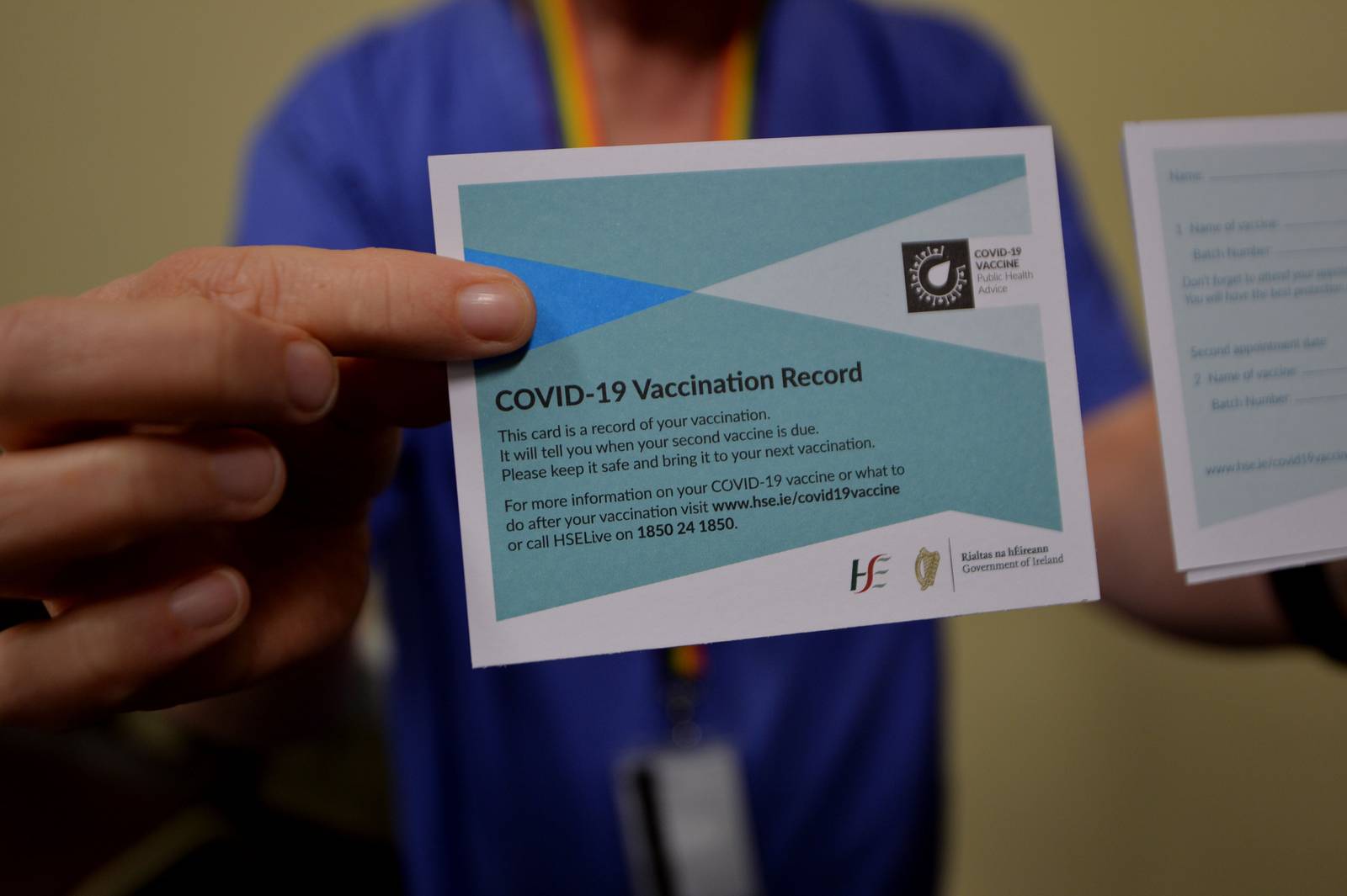 06/01/2021 - NEWS - The Covid 19 Vaccination Record Card given to staff after receiving the  Pfizer BioN Tech Covid 19 Vaccine at St. Vincent’s University Hospital. Weekend feature on 3rd Covid Wave. Vaccine Passport
Coronavirus Pandemic
Photograph: Alan Betson / The Irish Times