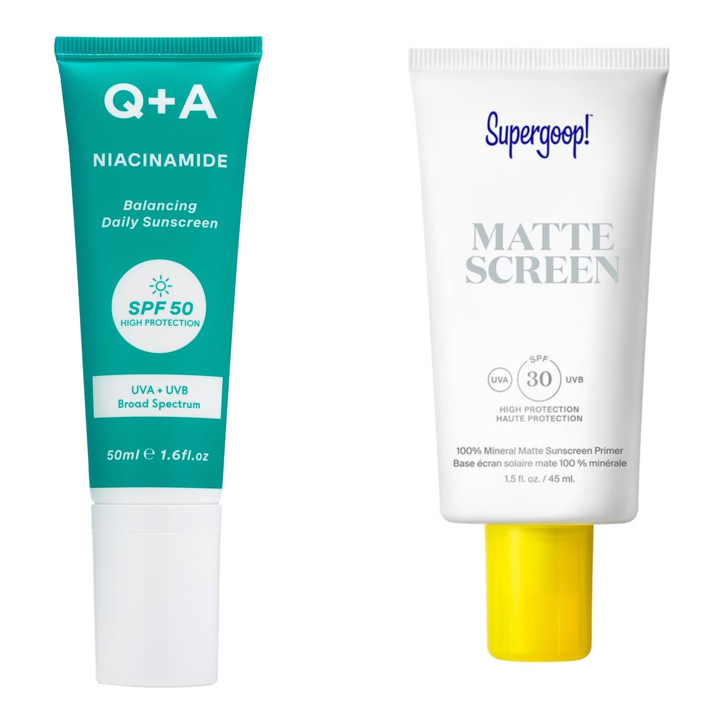 Q&A Niacinamide SPF50 Balancing Daily Sunscreen (€18 from Chemist Warehouse) and Supergoop! Mineral Mattescreen SPF30 (€39 from cultbeauty.com)
