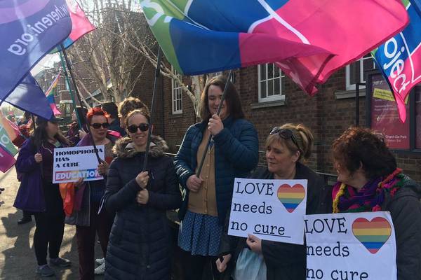 LGBT campaigners protest at conference run by Christian group in Belfast