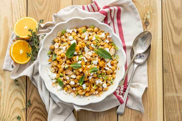 Spiced chickpea salad with orange, thyme and feta
