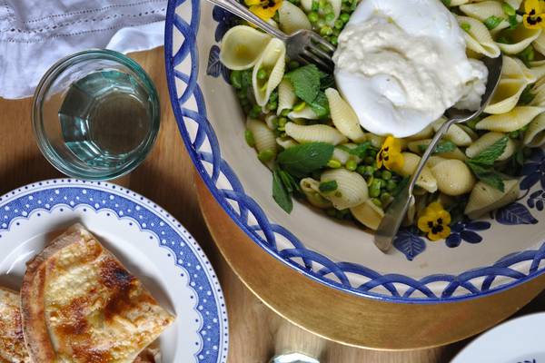 Summer pasta with burrata and garlic flatbreads