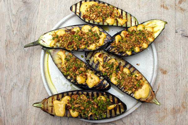 Grilled aubergine with tahini and dukkah
