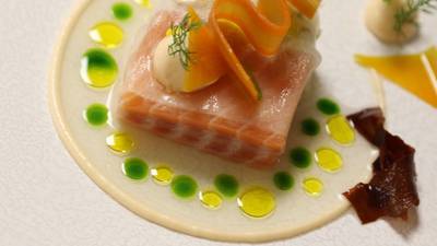 Ross Lewis's marinated Clare Island salmon with crab and pickled winter vegetables