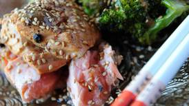 Green tea poached salmon,  roasted broccoli, tahini lime dressing