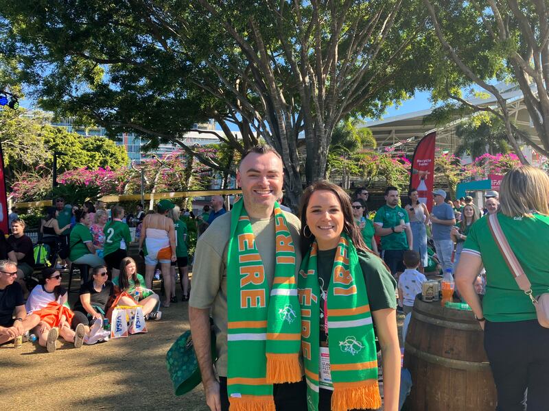 Pádraig Harris and Nicola Holly at the Women's World Cup official FIFA fan zone in Brisbane. Photograph: Kate McDonald