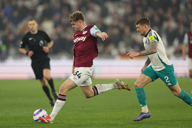 Irish striker Evan Ferguson in action for West Ham. Photograph: Adrian Dennis/AFP via Getty Images