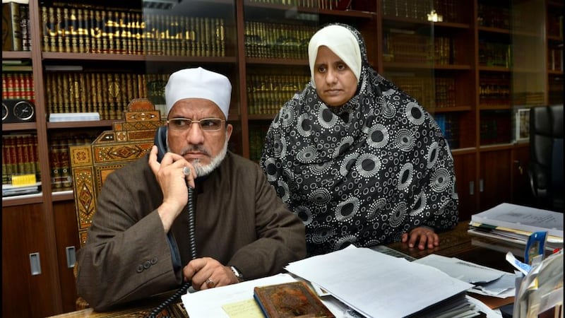 Father of the four detained Halawa siblings Sheikh Hussein Halawa, the Imam of the Islamic Cultural Centre of Ireland, with his daughter Nusayba at the mosque in Clonskeagh. Photograph: Brenda Fitzsimons