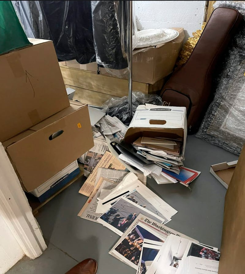 Documents spilled on the floor of a Mar-a-Lago storage room that was accessible to many of the resort’s employees. Photograph: Department of Justice via The New York Times