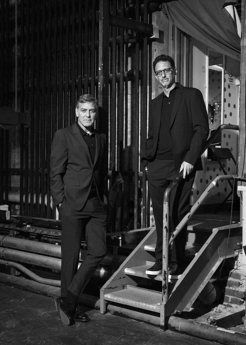 George Clooney and Grant Heslov at the Winter Garden Theatre in New York. Photograph: Thea Traff/New York Times
                      