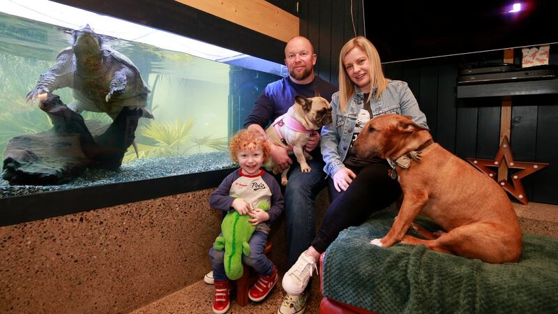 From left, Swampy,  three-year-old Conor Maverick with Marc and Suzie Kenny and dogs, Mia and Bully. Photograph: Nick Bradshaw