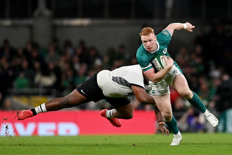 Ireland's Ciaran Frawley is tackled by Fiji's Eroni Mawi. Photograph: Charles McQuillan/Getty Images