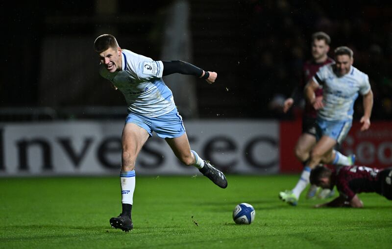 Sam Prendergast runs in to score Leinster's second try during against Bristol Bears. Photograph: Dan Mullan/Getty Images