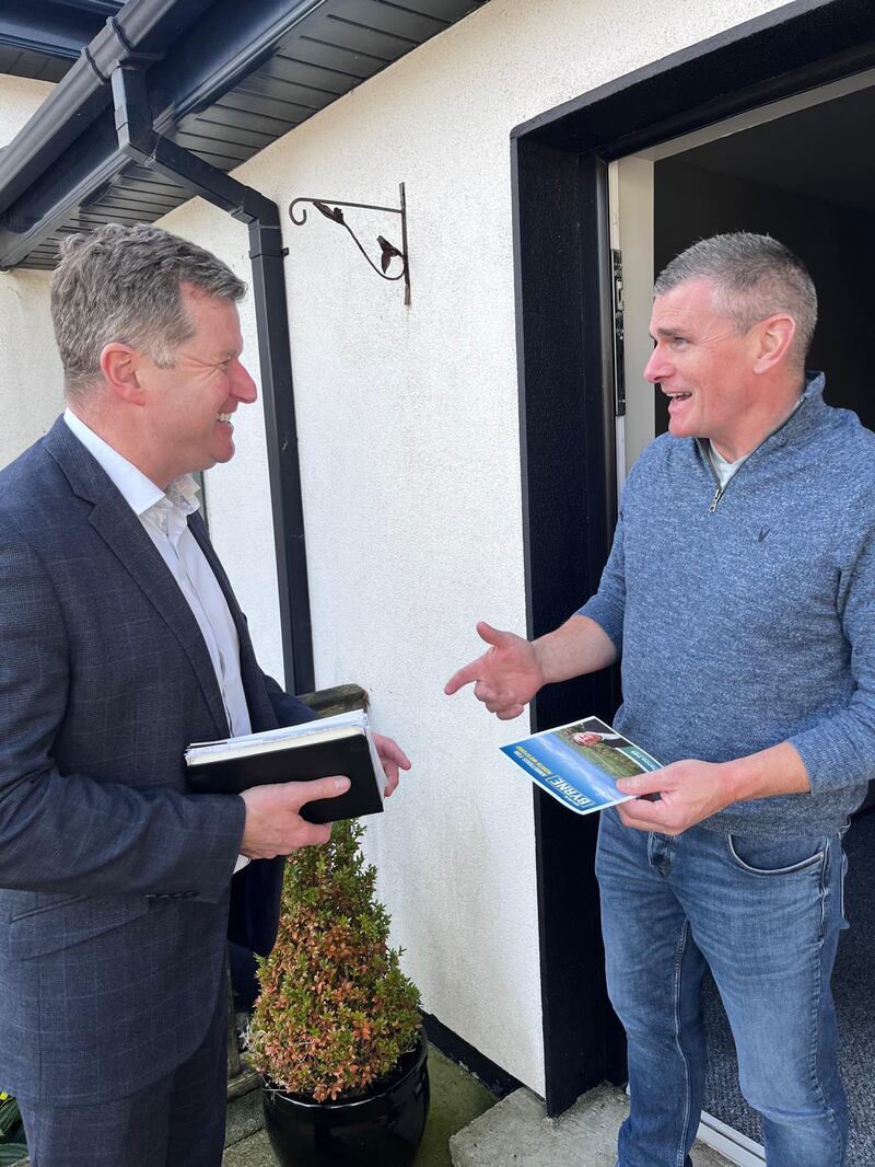 Fianna Fáil candidate Senator Malcolm Byrne listens to Coolgreany voter Kevin Boland. Photograph: Marie O'Halloran