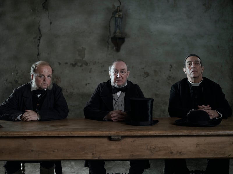 Ciaran Hinds as Father Thaddeus, Toby Jones as Doctor McBrearty and Dermot Crowley as Baronet Sir Ottway. Photograph: Aidan Monaghan/Netflix