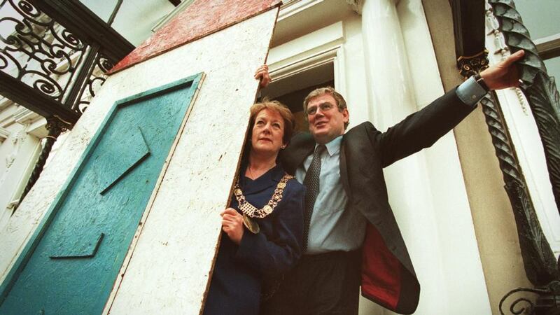 The then lord mayor cllr Mary Freehill and  Labour deputy Eamon Gilmore at the Mansion House in Dublin in 2000. Photograph: Frank Millar