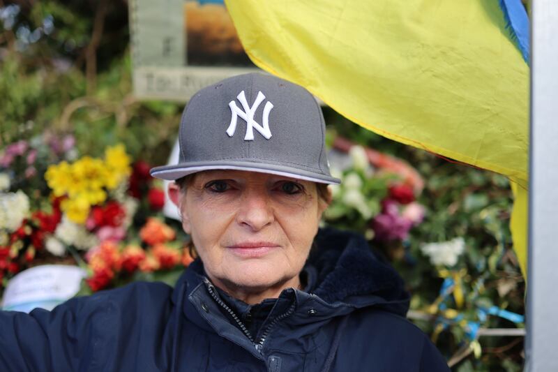 Dympna, from Rathmines, says she has been protesting outside the embassy on Orwell Road in Dublin since 'day one'.  Photograph: Dara Mac Dónaill