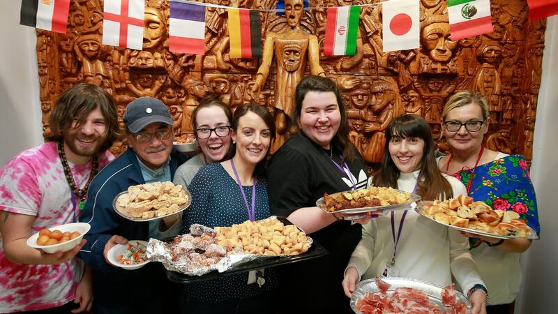 Merchant’s Quay drop-in centre for homeless people marking World Day for Cultural Diversity by inviting men and women who attend the centre to drop by for food and music. Photograph: Nick Bradshaw