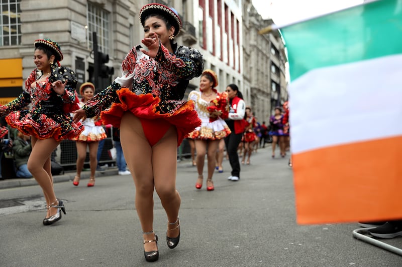 Performers take part in London's St Patrick's Day Festival on Sunday. Photograph: Alishia Abodunde/Getty Images