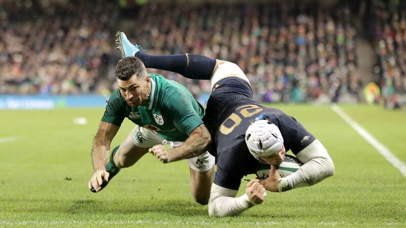 Rob Kearney fails to stop Argentina’s Juan Manuel Leguizamon from scoring a try. Photograph: Morgan Treacy/Inpho