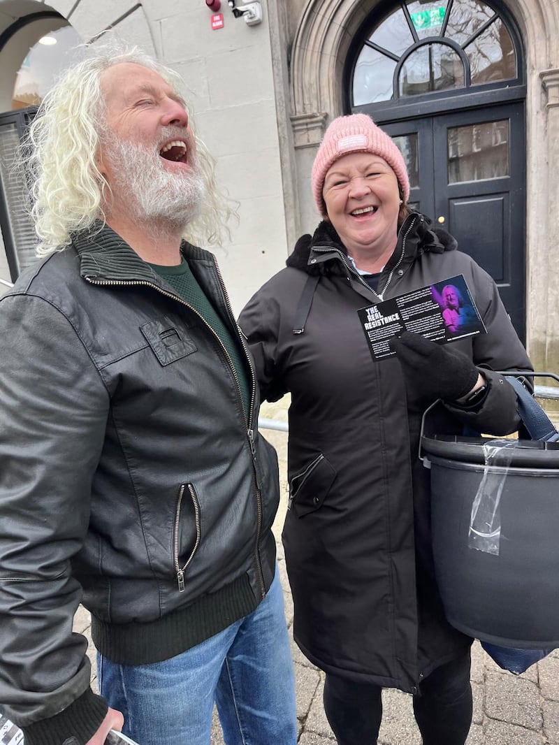 Independent candidate Mick Wallace meets Rose O’Dwyer while canvassing in Enniscorthy, Co Wexford. Photograph: Marie O'Halloran