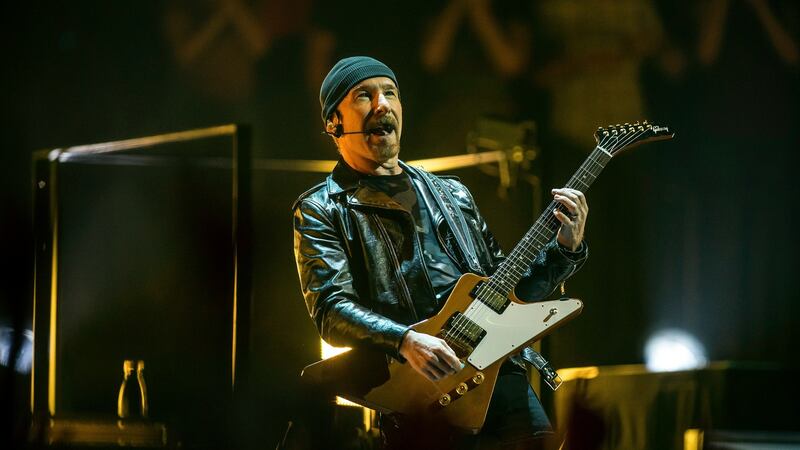 Experience + Innocence:  the Edge at U2’s Tulsa show. Photograph: Shane Bevel/New York Times