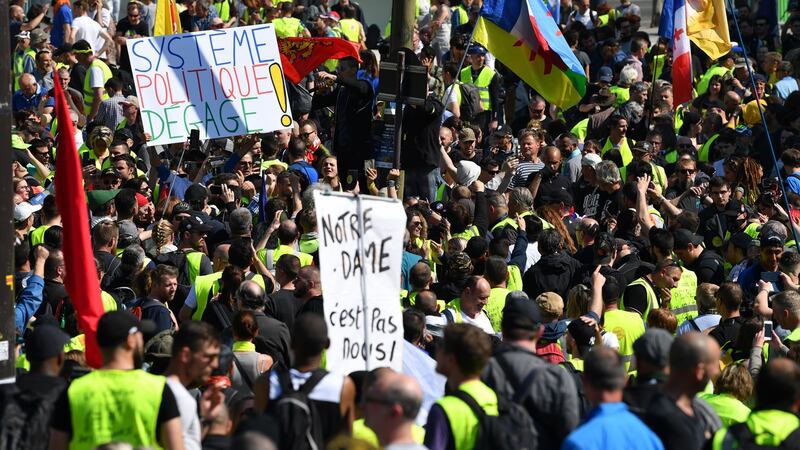 Yellow-vest demonstrators  in Paris. Photograph: Jeff J Mitchell/Getty Images