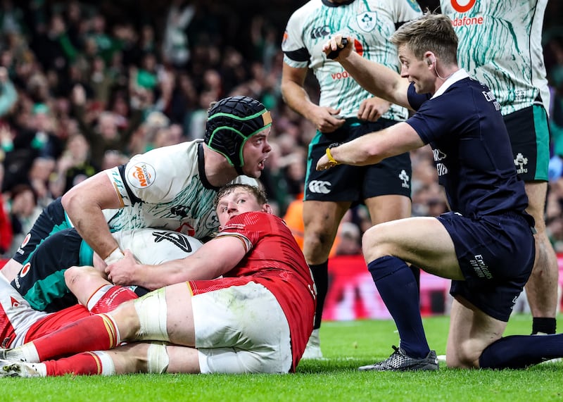 Mack Hansen is denied a try by valiant Welsh during Ireland's Six Nations win in Cardiff. Photograph: Dan Sheridan/Inpho